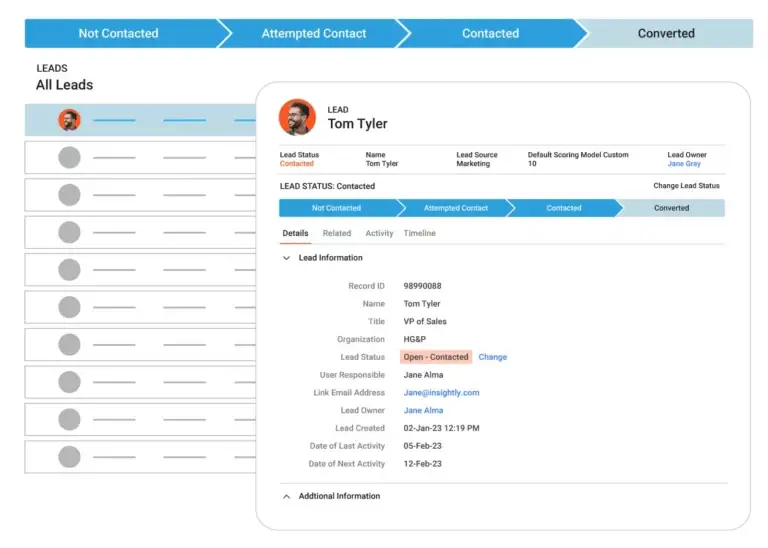 CRM Lead Management Interface with Contact Pipeline. CRM lead management interface showing lead progression stages from "Not Contacted" to "Converted" with detailed information about lead Tom Tyler.