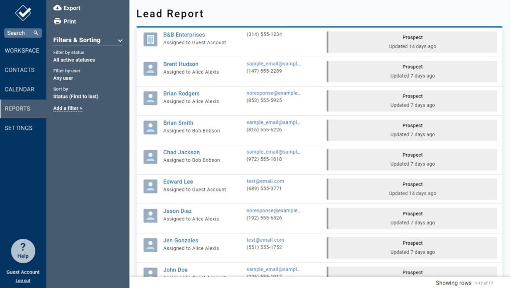 EngageBay Lead Report: Centralized Lead Management Dashboard for Sales Teams EngageBay CRM lead report interface showing prospect list with contact details, assignment information, and last update timestamps in a structured dashboard view.
