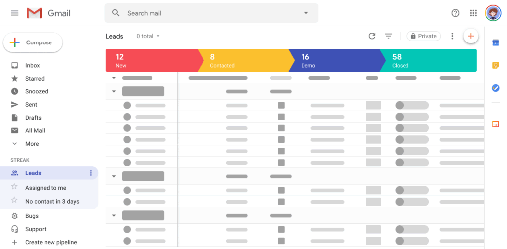 Automate Your CRM Workflow Inside Gmail with Streak. Gmail inbox showing a CRM pipeline with leads categorized as New, Contacted, Demo, and Closed using Streak CRM.