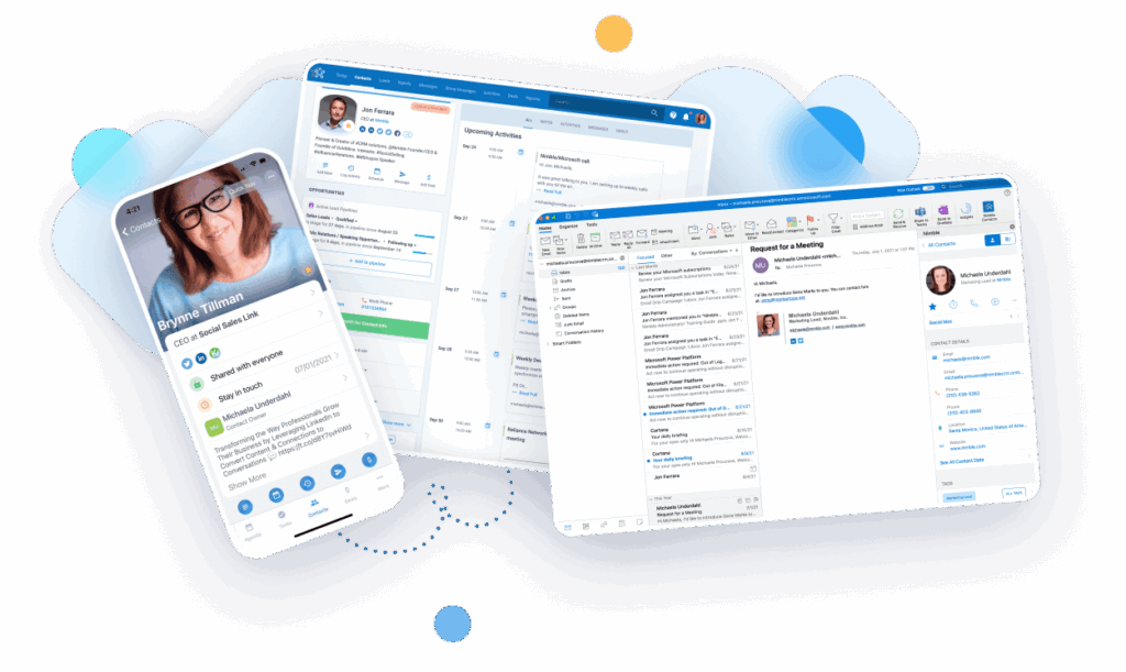 CRM Software to Grow Your Business Across Devices. CRM software dashboard and mobile app showing contact profiles, tasks, emails, and activity tracking for sales growth.