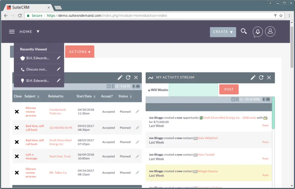 SuiteCRM platform interface for advanced contact management and opportunity tracking. SuiteCRM web interface showing activity stream, contact management, and scheduled meetings for customer relationship management.