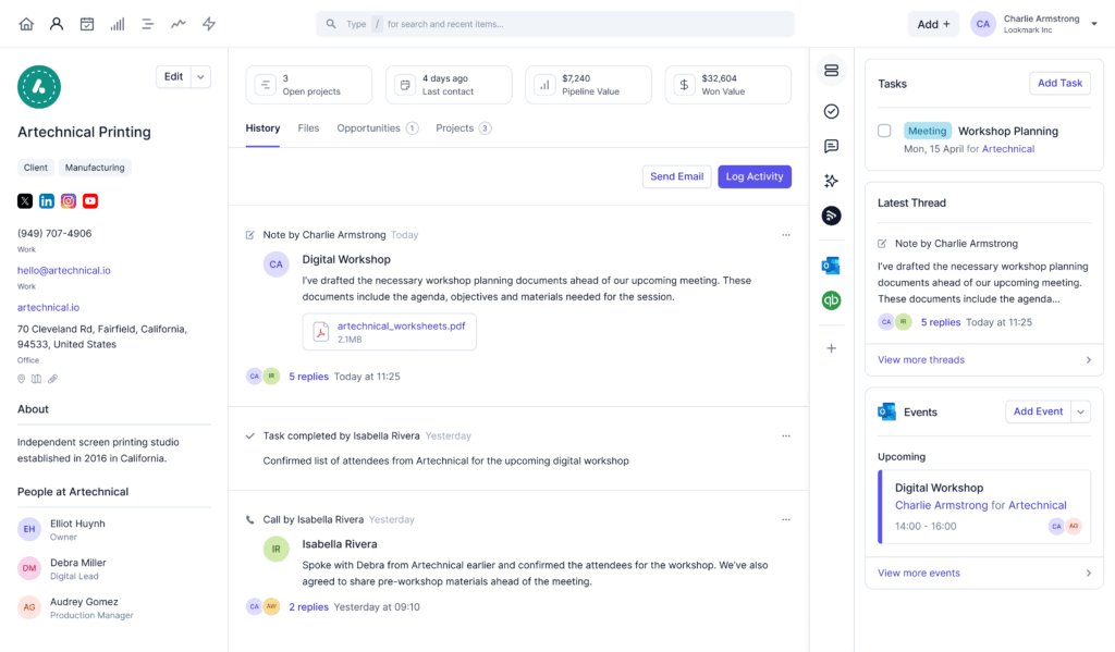 Artechnical Printing CRM Customer Profile and Workshop Planning. CRM interface displaying Artechnical Printing's company profile with contact details, pipeline value of $7,240, upcoming Digital Workshop event, and communication threads between Charlie Armstrong and Isabella Rivera.