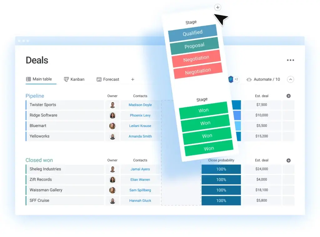 Simple CRM deal tracking interface with sales pipeline visualization and closed opportunities. Customer database software showing sales pipeline with deal stages and closed won opportunities worth $52,500.